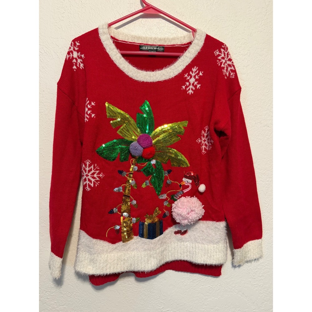 United States Sweaters Red Ugly Christmas Sweater Flamingo Palm Tree Sequin M